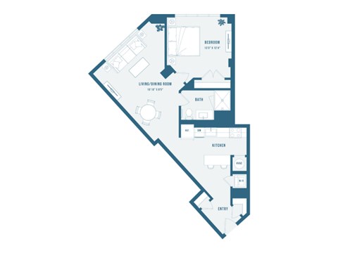 Floor plan for 1 bed, 1 bath, 868 sqft